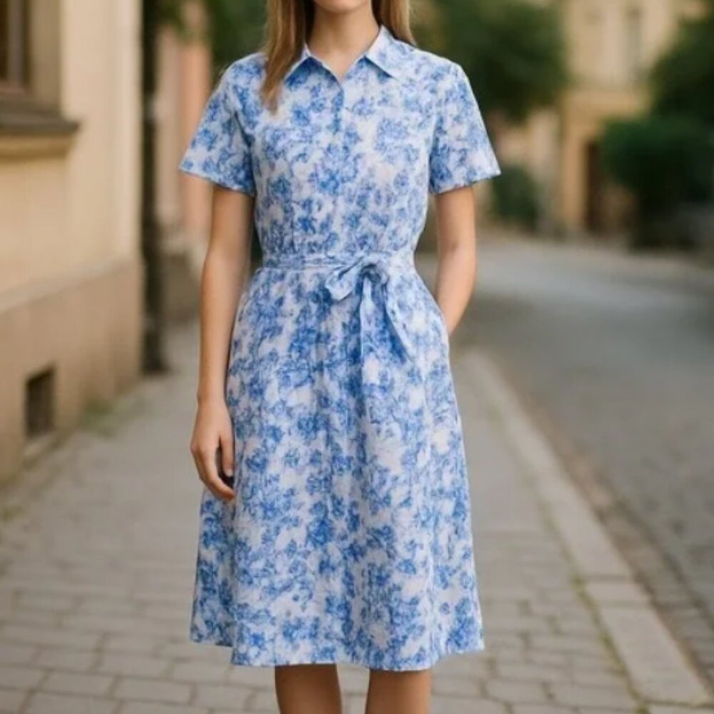 LONDON TIMES Floral Linen Button Front Dress Tie Waist Coastal Size 6